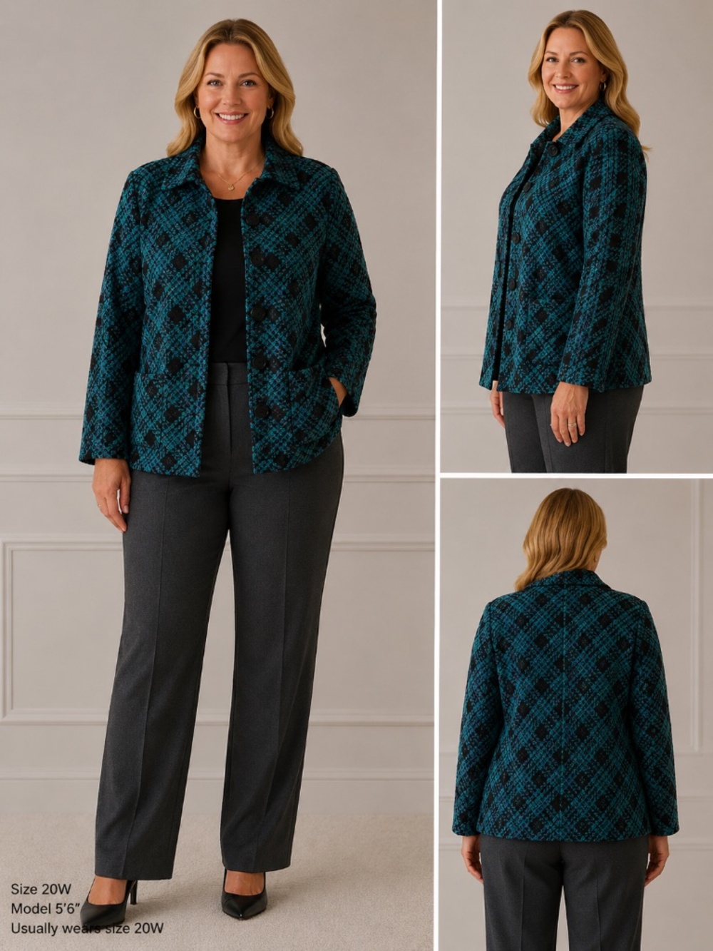 CJ Banks 2X Teal Blue Black Plaid Tweed Blazer Jacket Plus Size